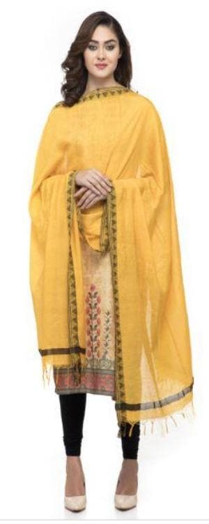 A R Silk Women's Cotton Self Design Yellow Regular Dupatta | Grocsy