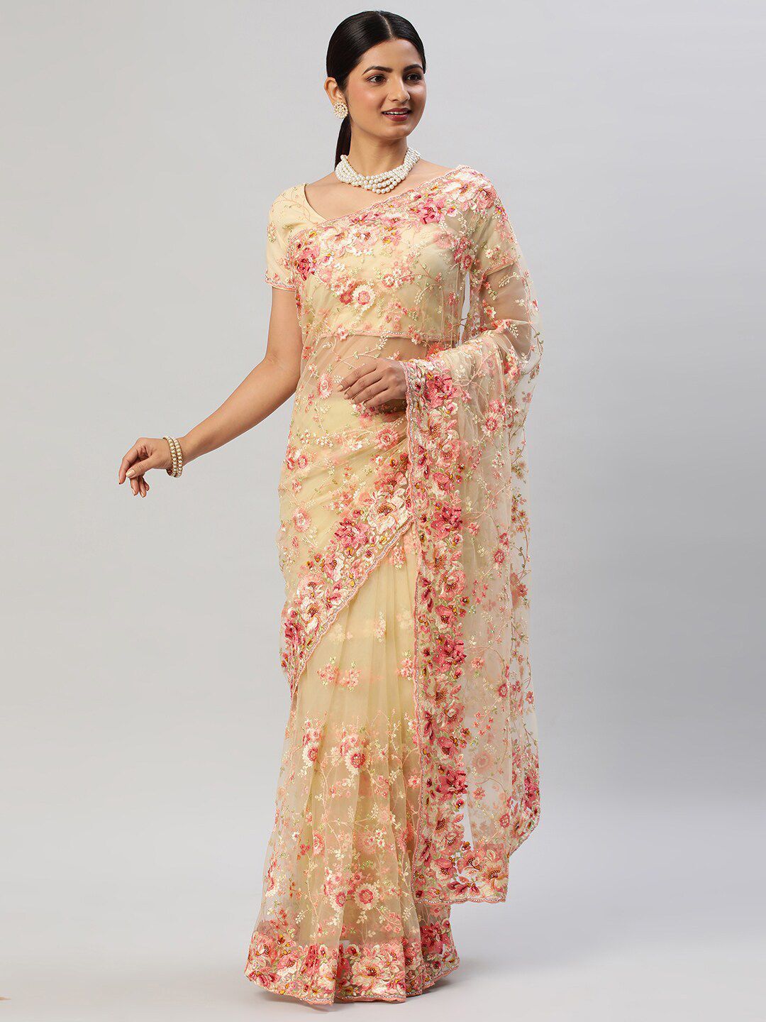 kasee Floral Embroidered Net Saree | Grocsy