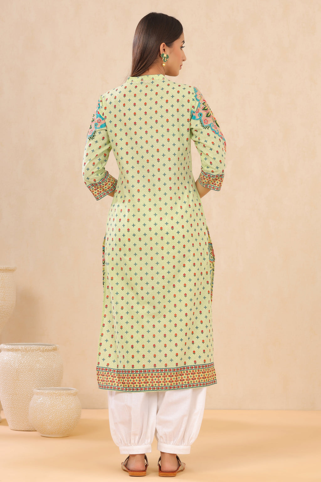 Juniper Pista Green Ethnic Motif Printed Pure Cotton Straight Kurta | Grocsy