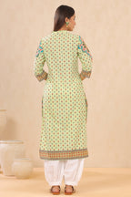 Juniper Pista Green Ethnic Motif Printed Pure Cotton Straight Kurta | Grocsy