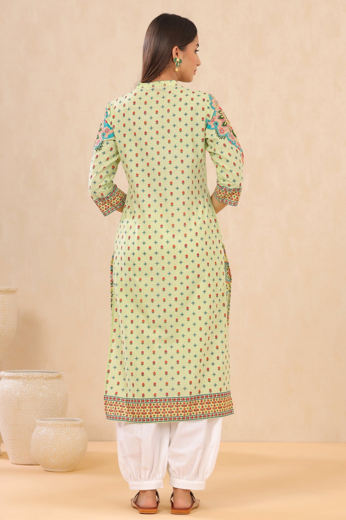 Juniper Pista Green Ethnic Motif Printed Pure Cotton Straight Kurta | Grocsy