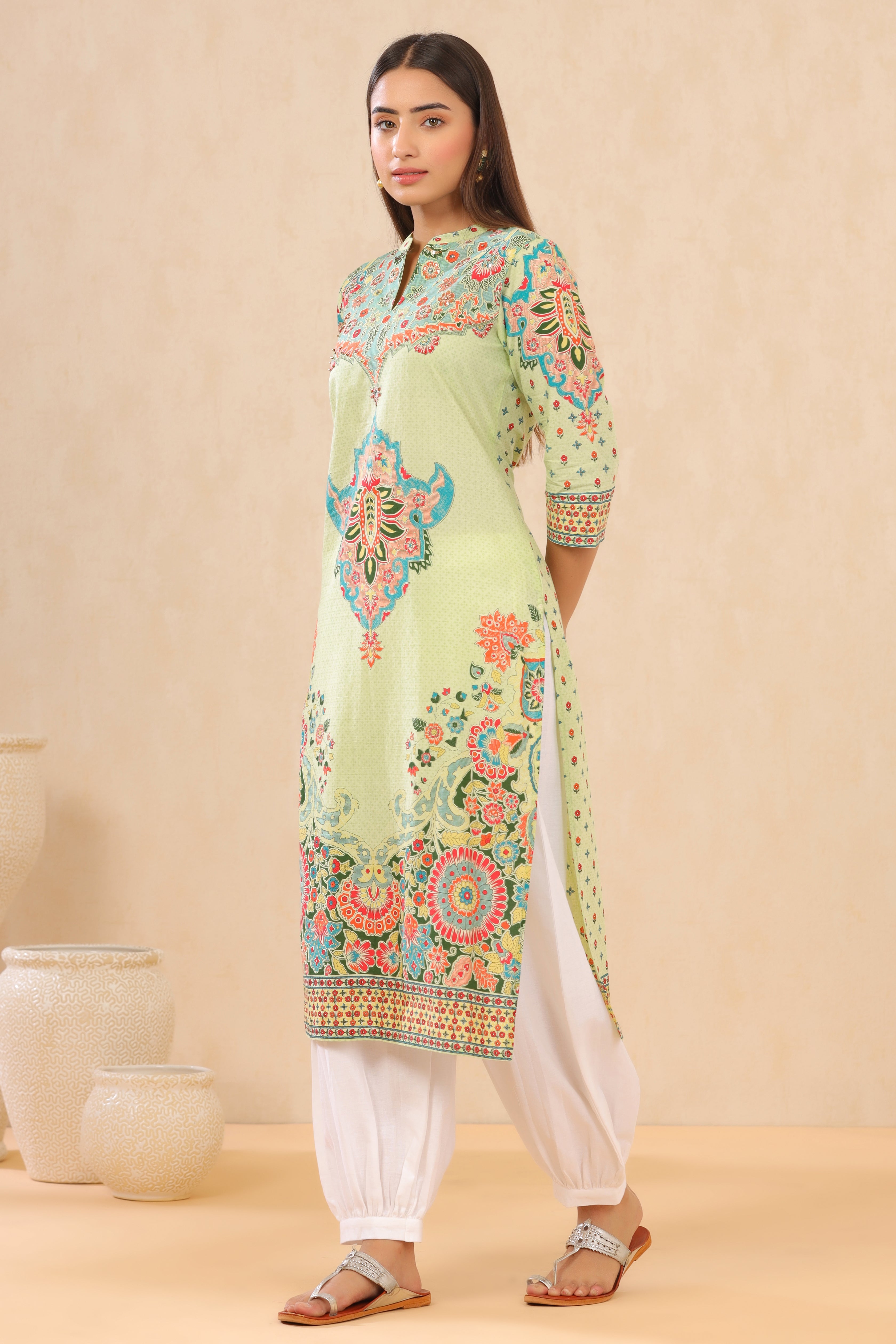 Juniper Pista Green Ethnic Motif Printed Pure Cotton Straight Kurta | Grocsy