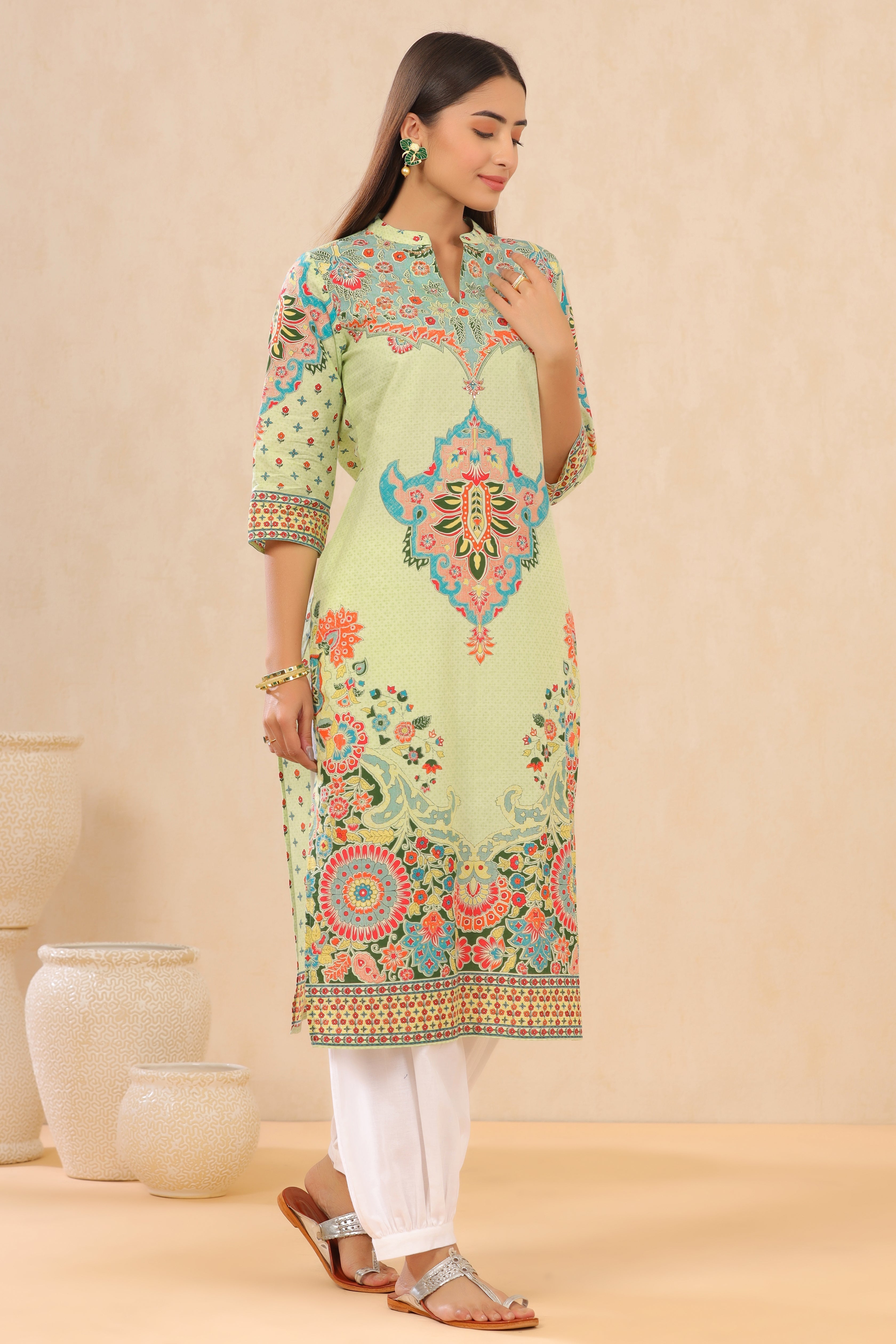 Juniper Pista Green Ethnic Motif Printed Pure Cotton Straight Kurta | Grocsy