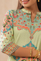 Juniper Pista Green Ethnic Motif Printed Pure Cotton Straight Kurta | Grocsy