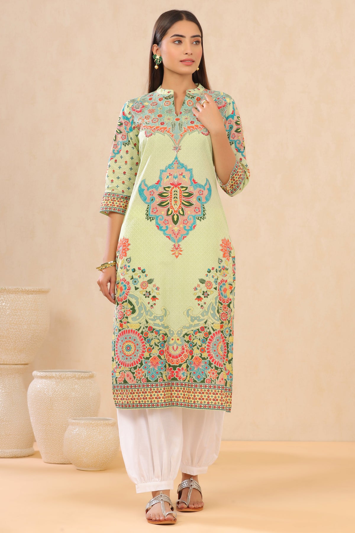 Juniper Pista Green Ethnic Motif Printed Pure Cotton Straight Kurta | Grocsy