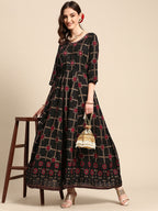 Sangria Women Black Checked Viscose Rayon Anarkali Kurta | Grocsy