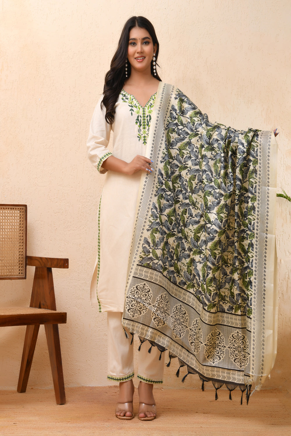 Vaasva Women Cream Embroidered Suit Set | Grocsy