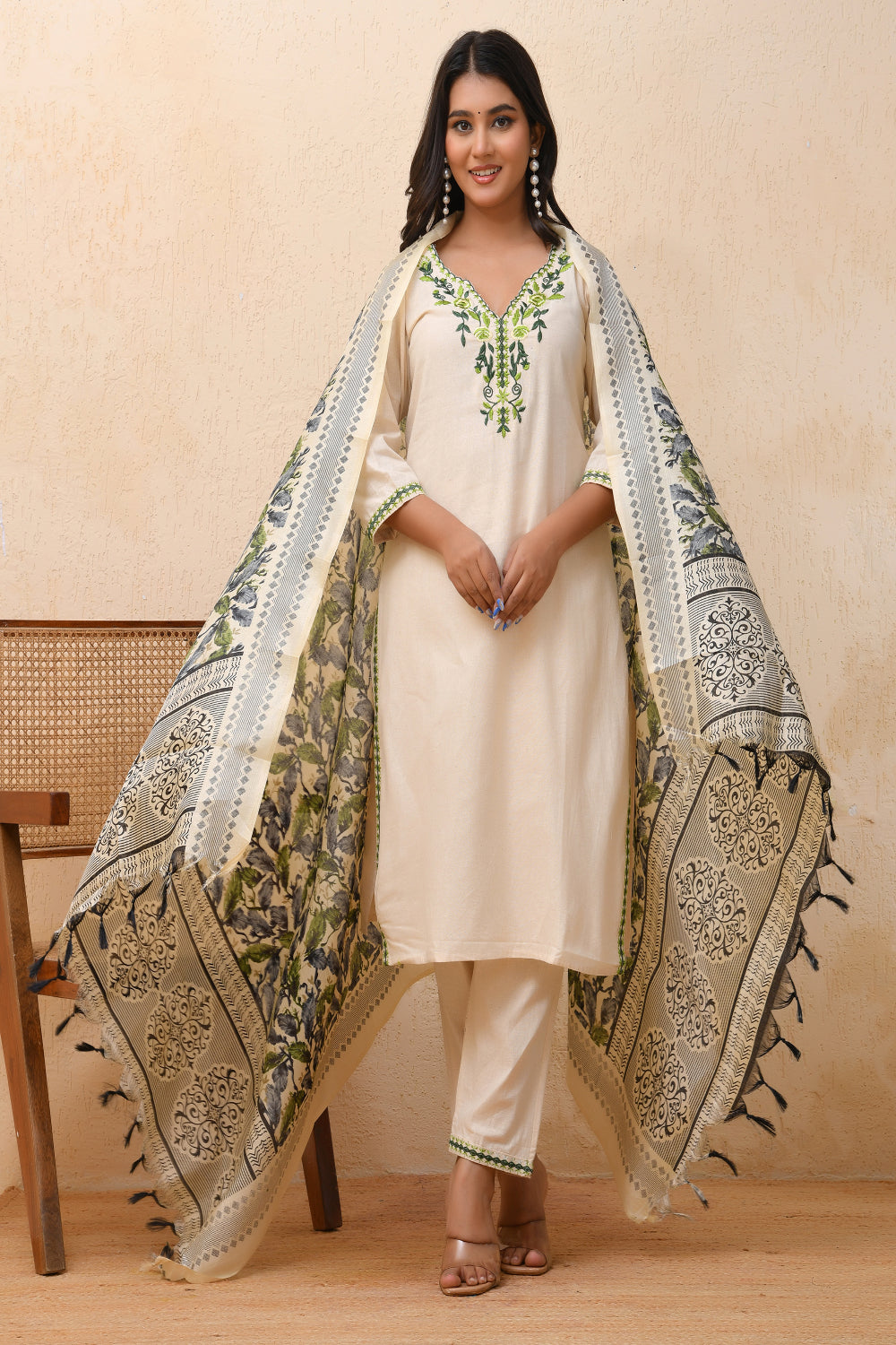 Vaasva Women Cream Embroidered Suit Set | Grocsy