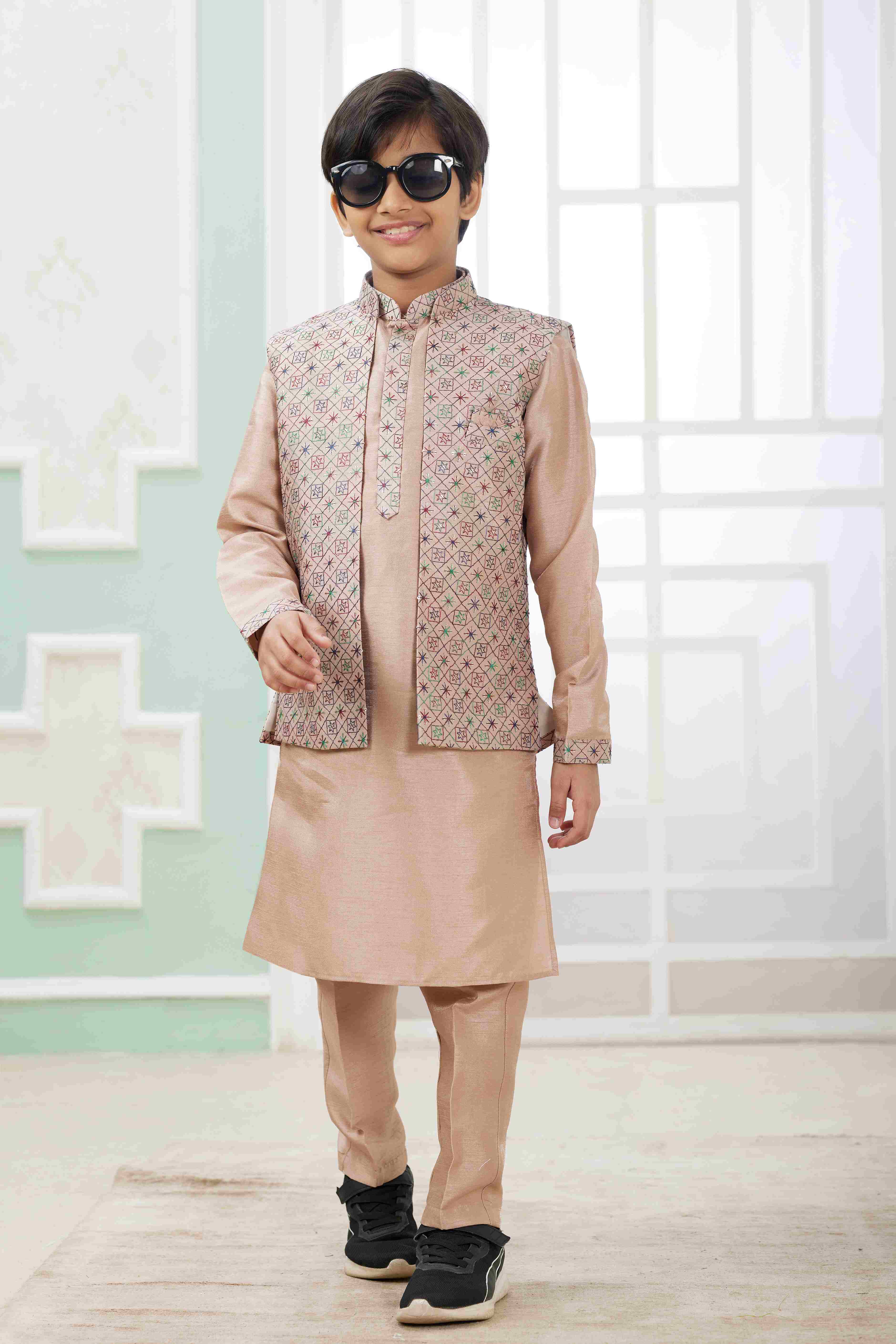 Raivat Ethnic Art Silk Embroidery Work 3 Pics Jacket Set In Peach Colour | Grocsy