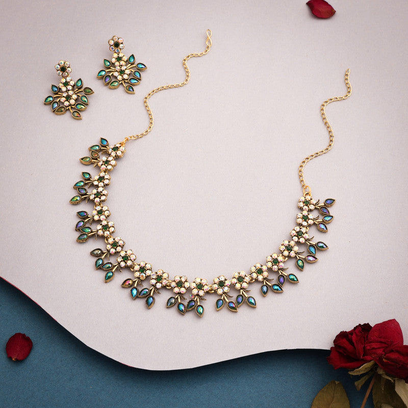 Tehzeeb Creations Gold-Polished Green Colour Choker With Dangle Earrings - Swadesiicart