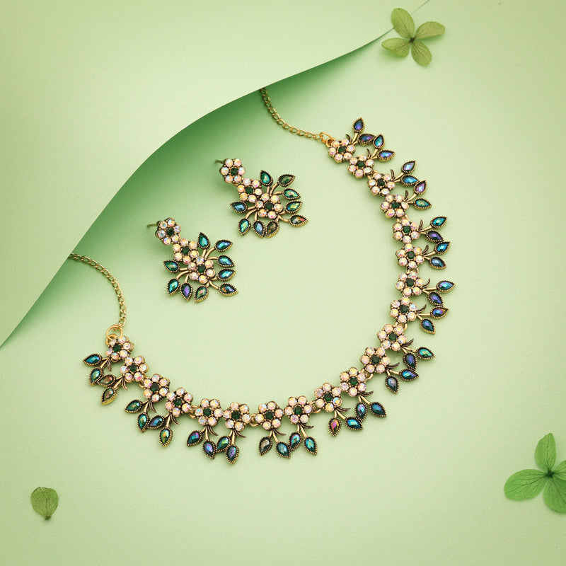 Tehzeeb Creations Gold-Polished Green Colour Choker With Dangle Earrings - Swadesiicart