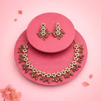 Tehzeeb Creations Gold-Polished Pink Colour Choker With Dangle Earrings | Grocsy