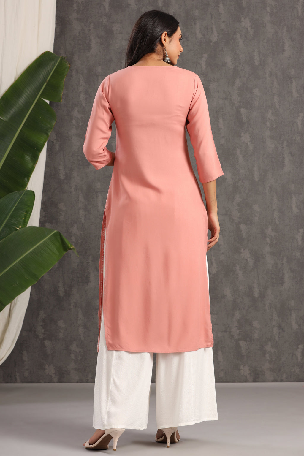 Juniper Women's Onion Pink Thread Embroidered Rayon Straight Kurta | Grocsy