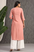 Juniper Women's Onion Pink Thread Embroidered Rayon Straight Kurta | Grocsy