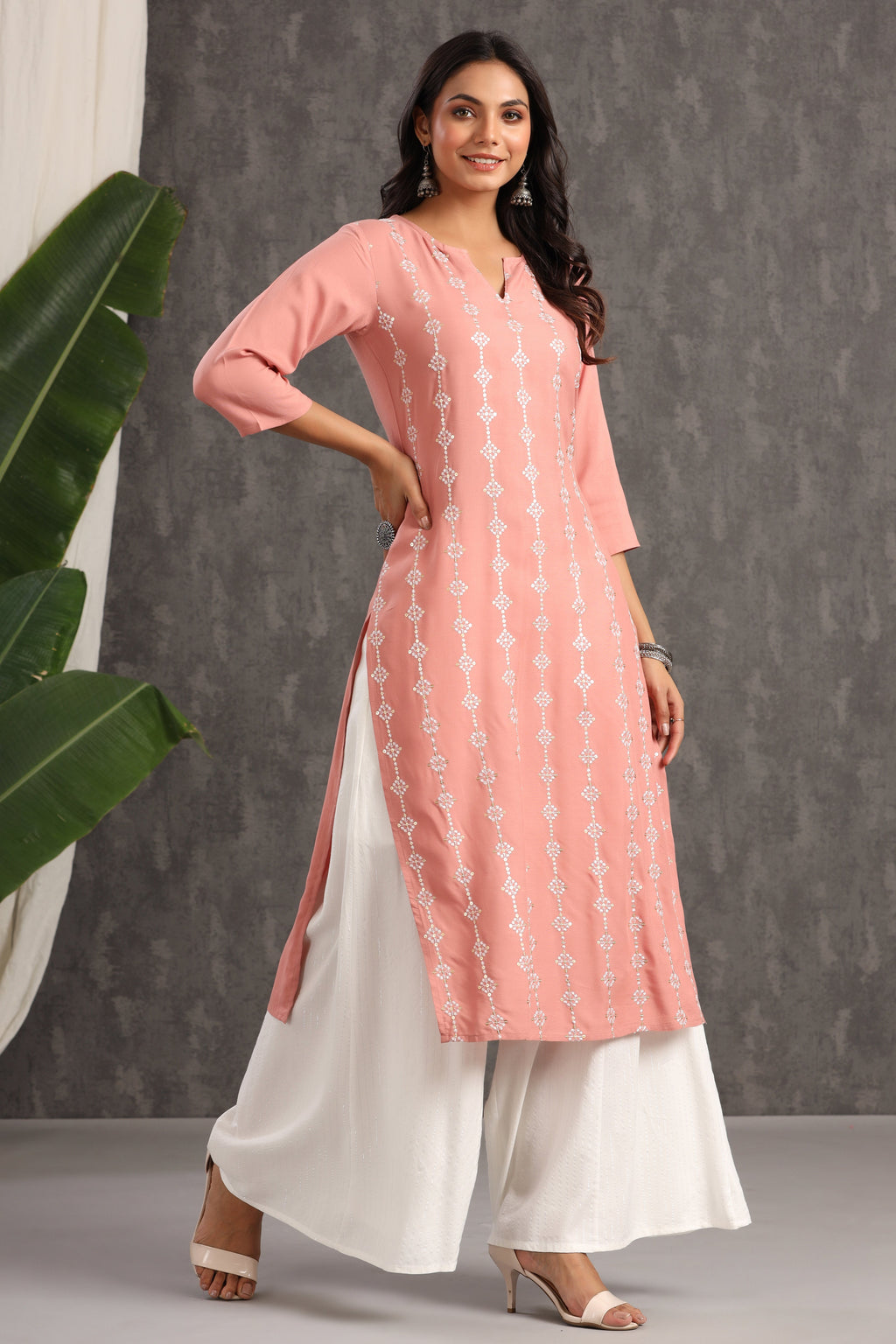 Juniper Women's Onion Pink Thread Embroidered Rayon Straight Kurta | Grocsy