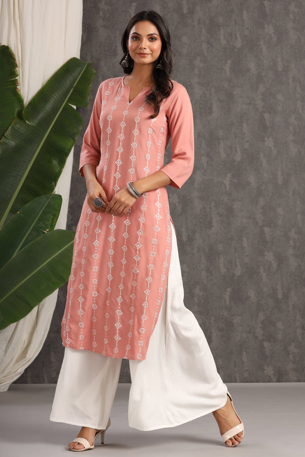 Juniper Women's Onion Pink Thread Embroidered Rayon Straight Kurta | Grocsy