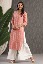 Juniper Women's Onion Pink Thread Embroidered Rayon Straight Kurta | Grocsy