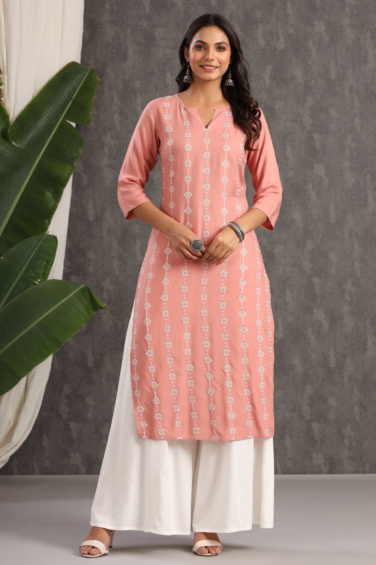 Juniper Women's Onion Pink Thread Embroidered Rayon Straight Kurta | Grocsy
