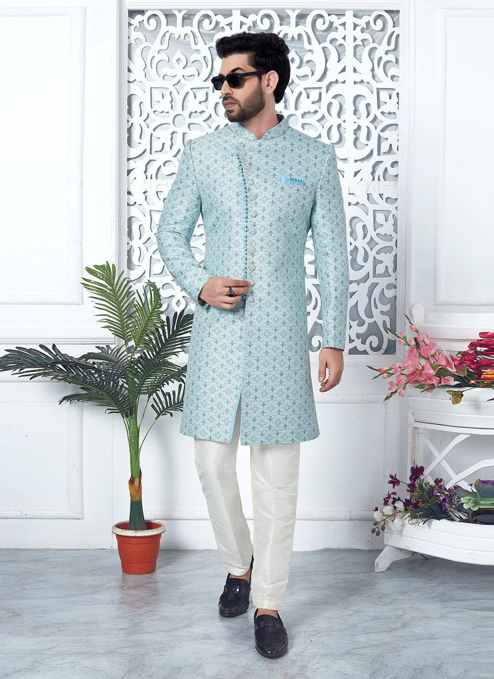 Raivat Ethnic Mens Jacquard Silk Embroidery Indo Western In Sky Blue Colour | Grocsy