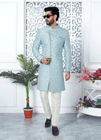 Raivat Ethnic Mens Jacquard Silk Embroidery Indo Western In Sky Blue Colour | Grocsy