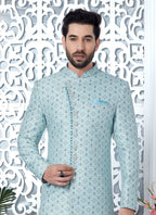 Raivat Ethnic Mens Jacquard Silk Embroidery Indo Western In Sky Blue Colour | Grocsy