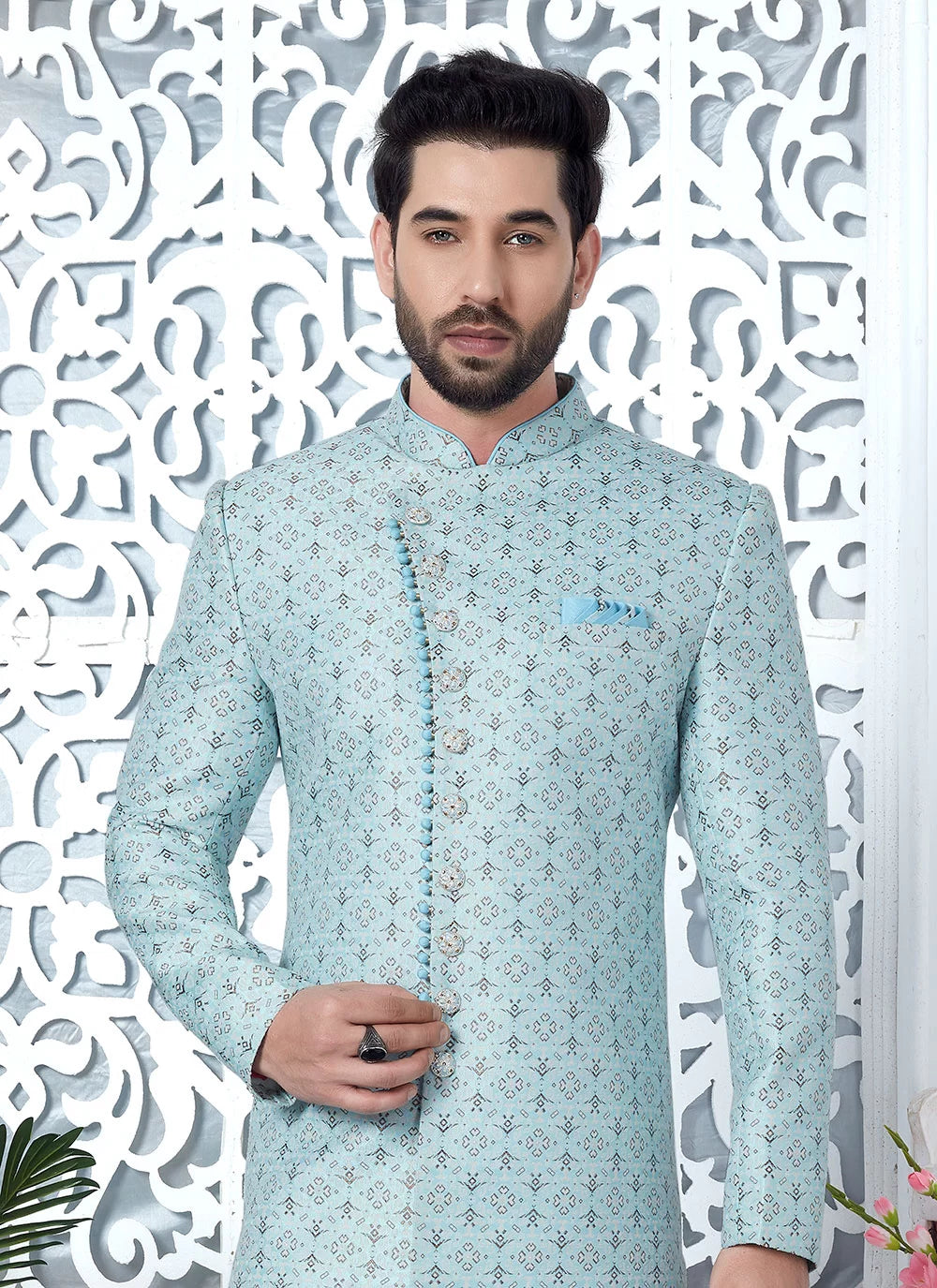 Raivat Ethnic Mens Jacquard Silk Embroidery Indo Western In Sky Blue Colour | Grocsy