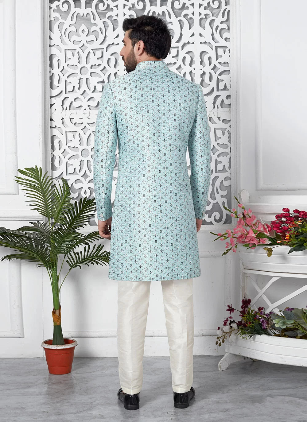 Raivat Ethnic Mens Jacquard Silk Embroidery Indo Western In Sky Blue Colour | Grocsy