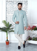 Raivat Ethnic Mens Jacquard Silk Embroidery Indo Western In Sky Blue Colour | Grocsy