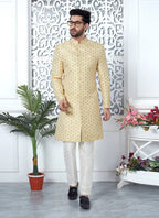 Raivat Ethnic Mens Jacquard Silk Embroidery Indo Western In Yellow Colour | Grocsy