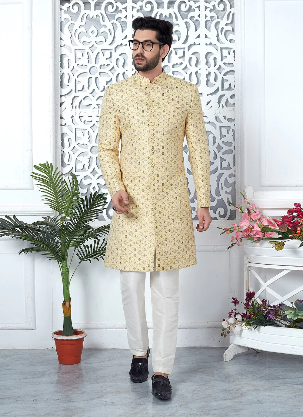 Raivat Ethnic Mens Jacquard Silk Embroidery Indo Western In Yellow Colour | Grocsy
