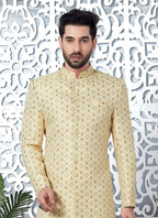 Raivat Ethnic Mens Jacquard Silk Embroidery Indo Western In Yellow Colour | Grocsy