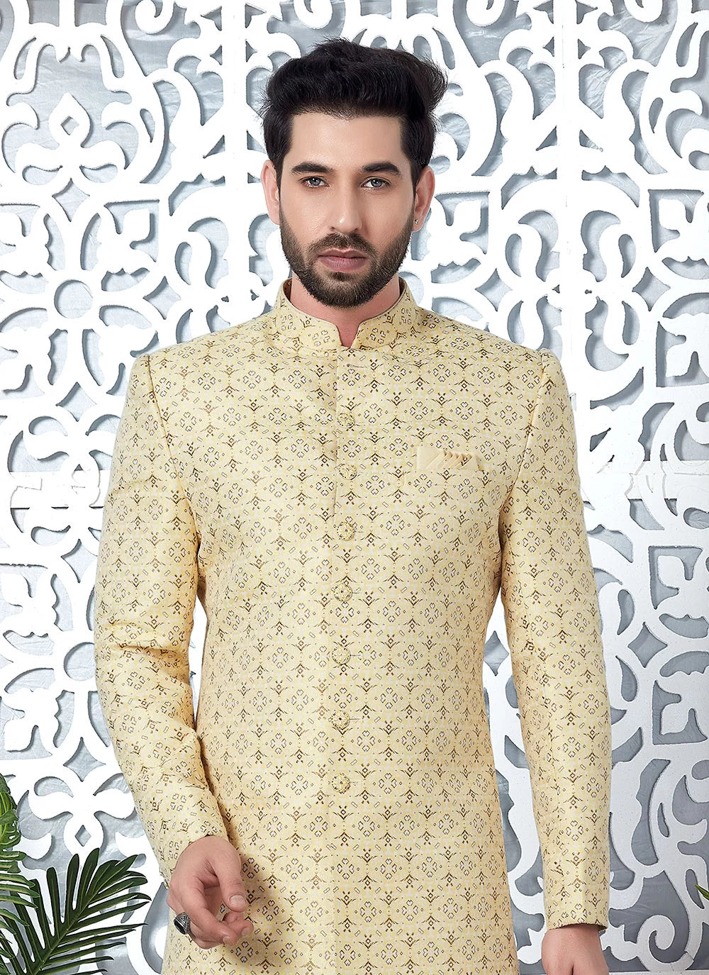 Raivat Ethnic Mens Jacquard Silk Embroidery Indo Western In Yellow Colour | Grocsy