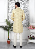 Raivat Ethnic Mens Jacquard Silk Embroidery Indo Western In Yellow Colour | Grocsy