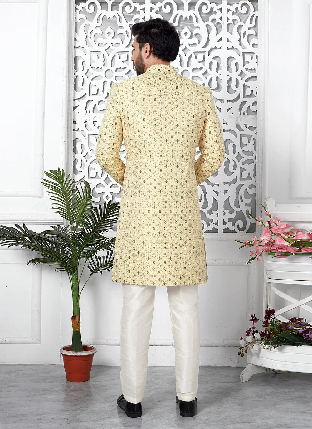 Raivat Ethnic Mens Jacquard Silk Embroidery Indo Western In Yellow Colour | Grocsy