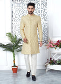 Raivat Ethnic Mens Jacquard Silk Embroidery Indo Western In Yellow Colour | Grocsy