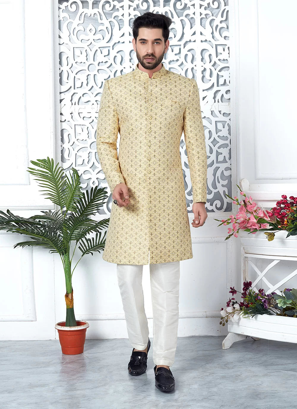 Raivat Ethnic Mens Jacquard Silk Embroidery Indo Western In Yellow Colour | Grocsy