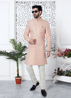 Raivat Ethnic Mens Jacquard Silk Embroidery Indo Western In Pink Colour | Grocsy