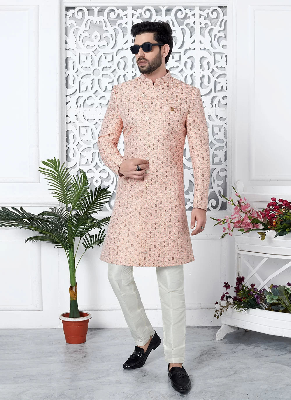 Raivat Ethnic Mens Jacquard Silk Embroidery Indo Western In Pink Colour | Grocsy