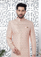 Raivat Ethnic Mens Jacquard Silk Embroidery Indo Western In Pink Colour | Grocsy