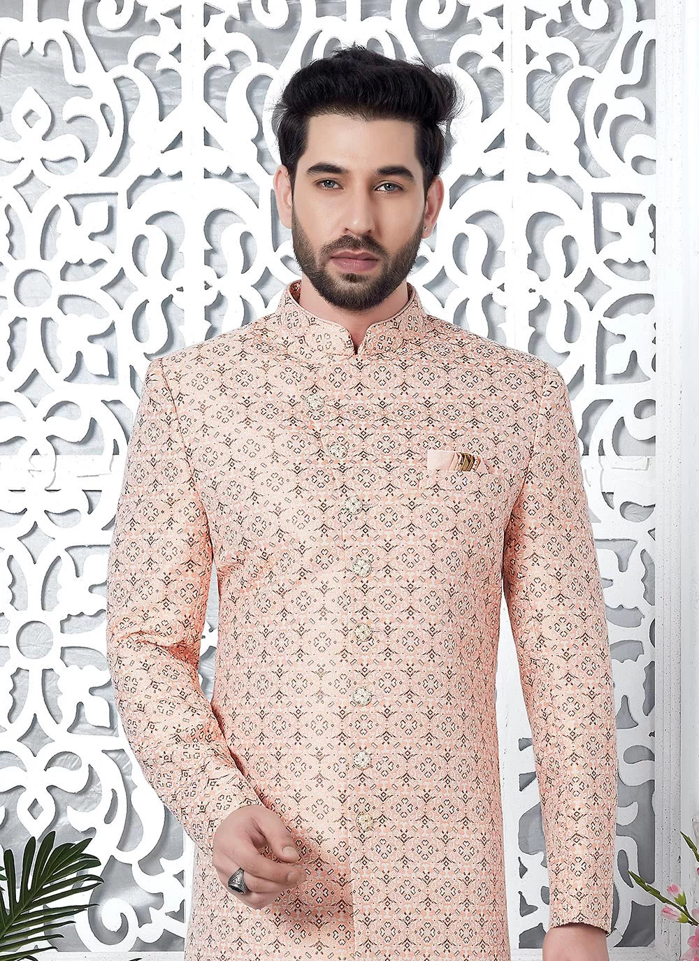 Raivat Ethnic Mens Jacquard Silk Embroidery Indo Western In Pink Colour | Grocsy
