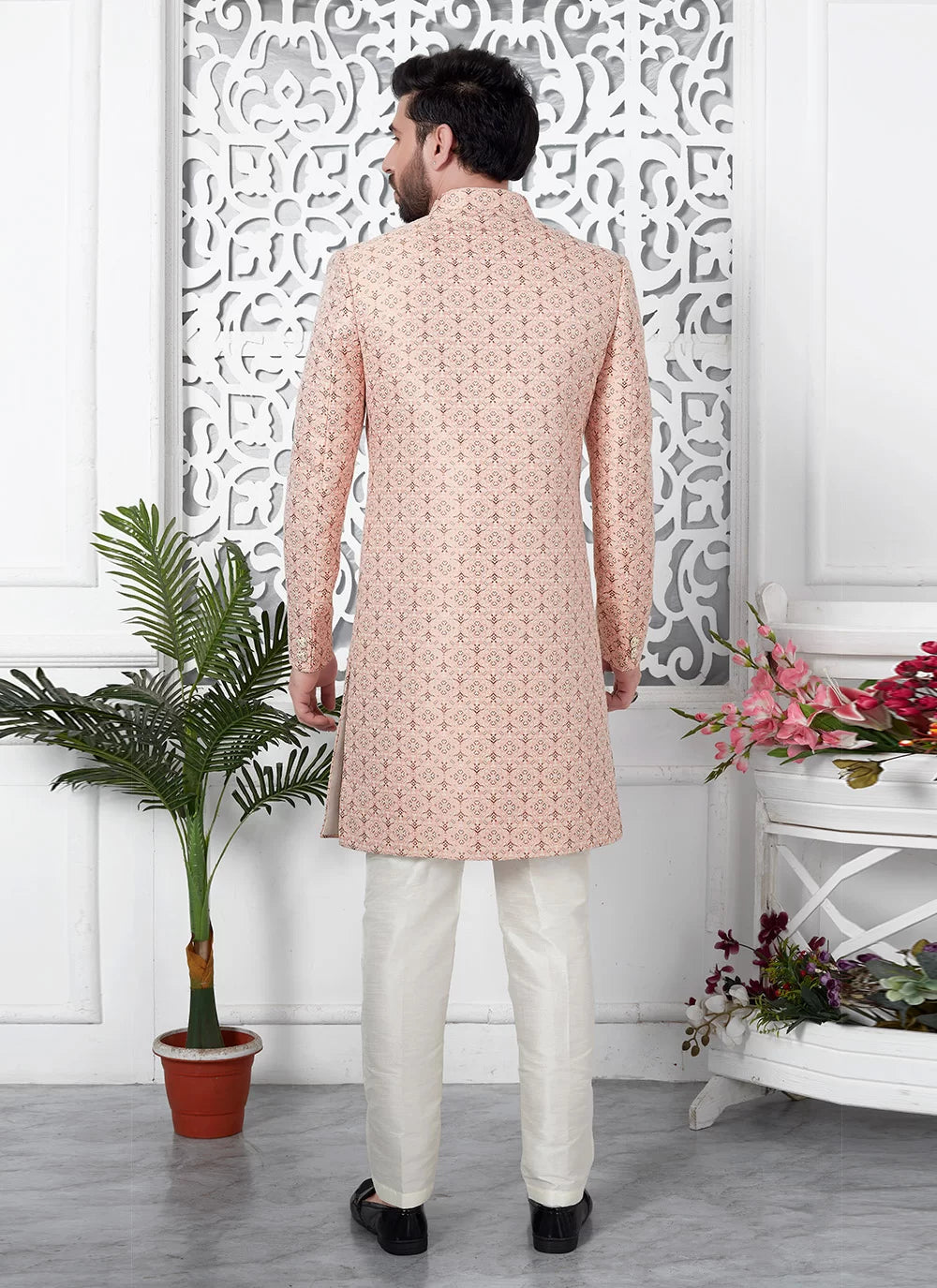 Raivat Ethnic Mens Jacquard Silk Embroidery Indo Western In Pink Colour | Grocsy