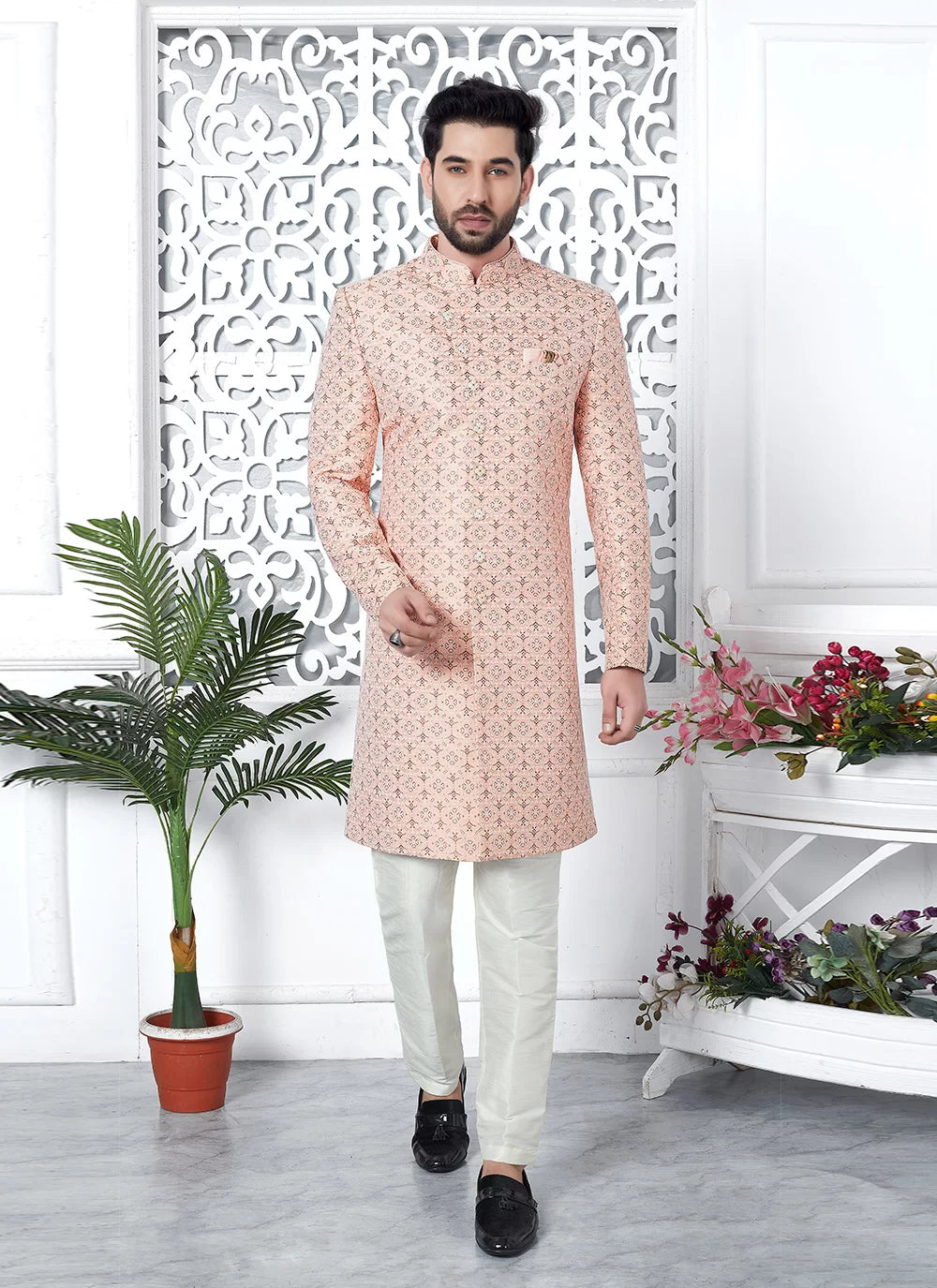 Raivat Ethnic Mens Jacquard Silk Embroidery Indo Western In Pink Colour | Grocsy