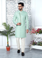 Raivat Ethnic Mens Jacquard Silk Embroidery Indo Western In Green Colour | Grocsy
