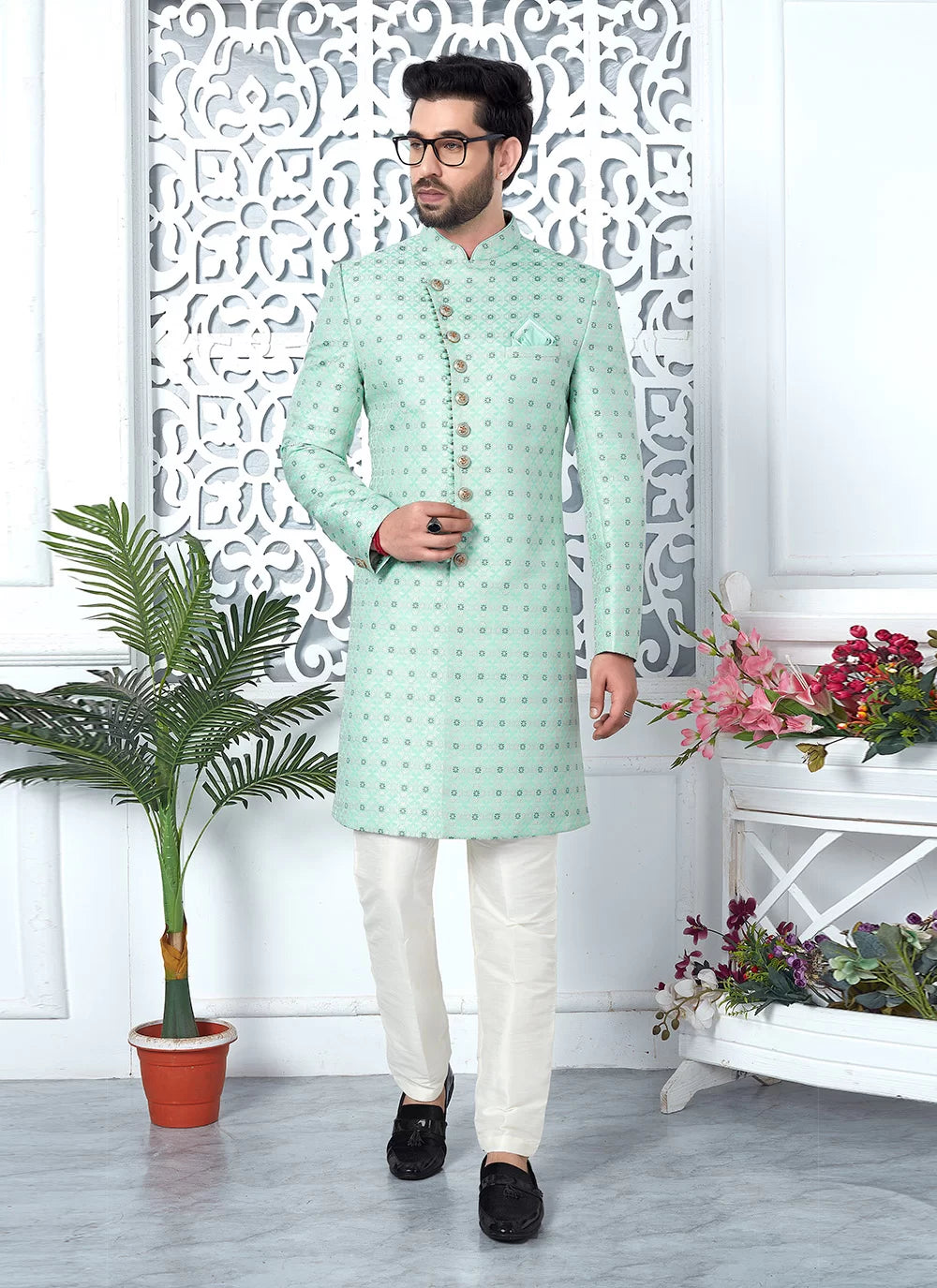 Raivat Ethnic Mens Jacquard Silk Embroidery Indo Western In Green Colour | Grocsy