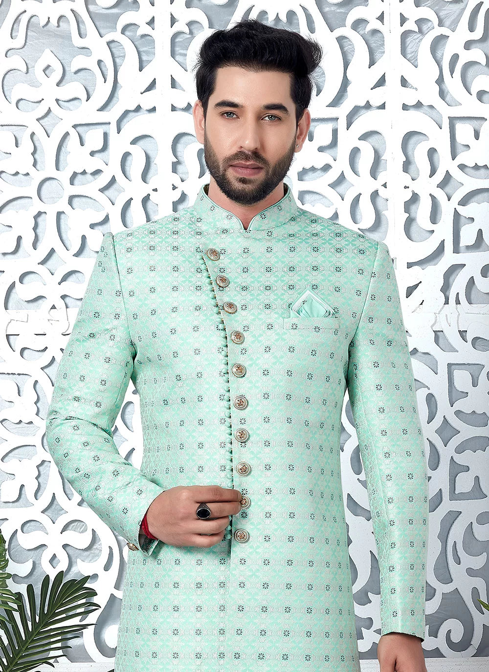 Raivat Ethnic Mens Jacquard Silk Embroidery Indo Western In Green Colour | Grocsy