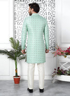 Raivat Ethnic Mens Jacquard Silk Embroidery Indo Western In Green Colour | Grocsy
