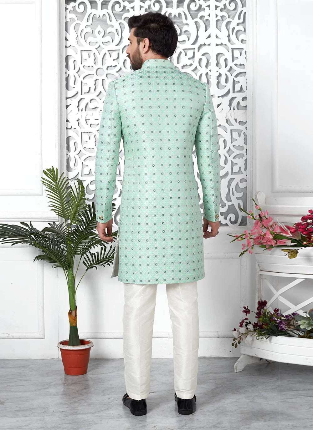 Raivat Ethnic Mens Jacquard Silk Embroidery Indo Western In Green Colour | Grocsy