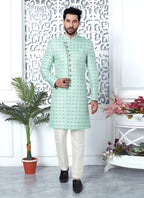 Raivat Ethnic Mens Jacquard Silk Embroidery Indo Western In Green Colour | Grocsy