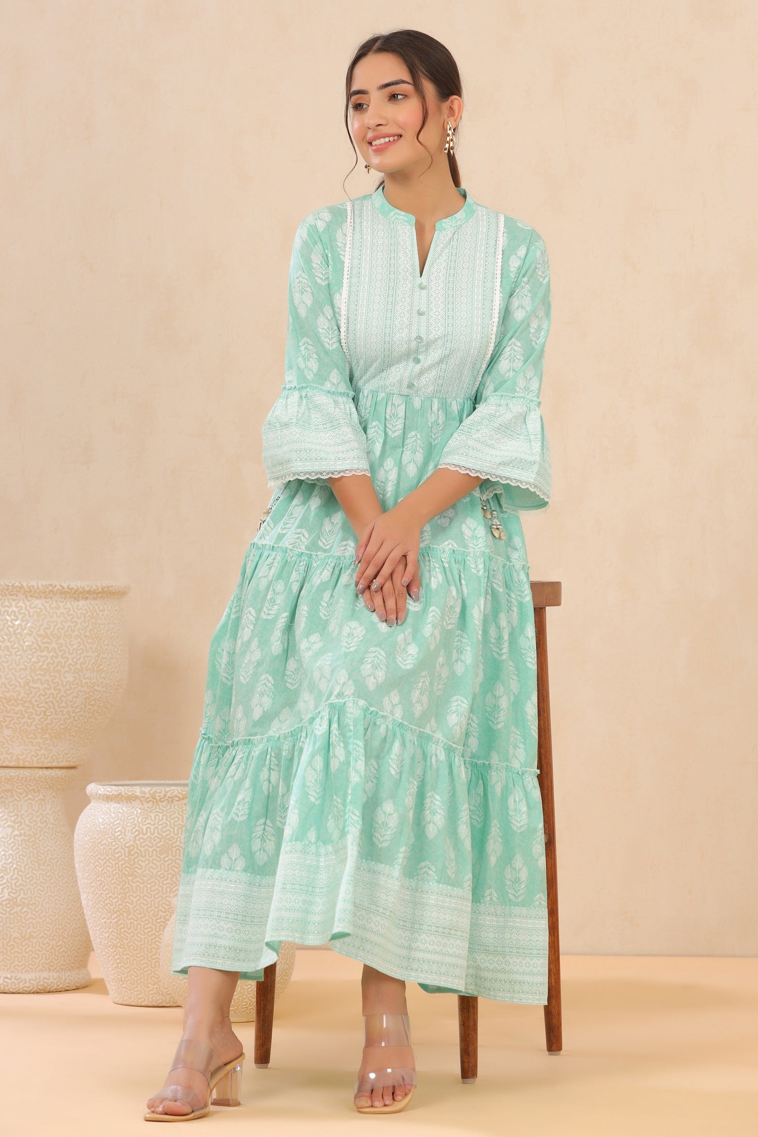 Juniper Womens Mint Cambric Printed Tiered Dress With Flared Sleeve | Grocsy