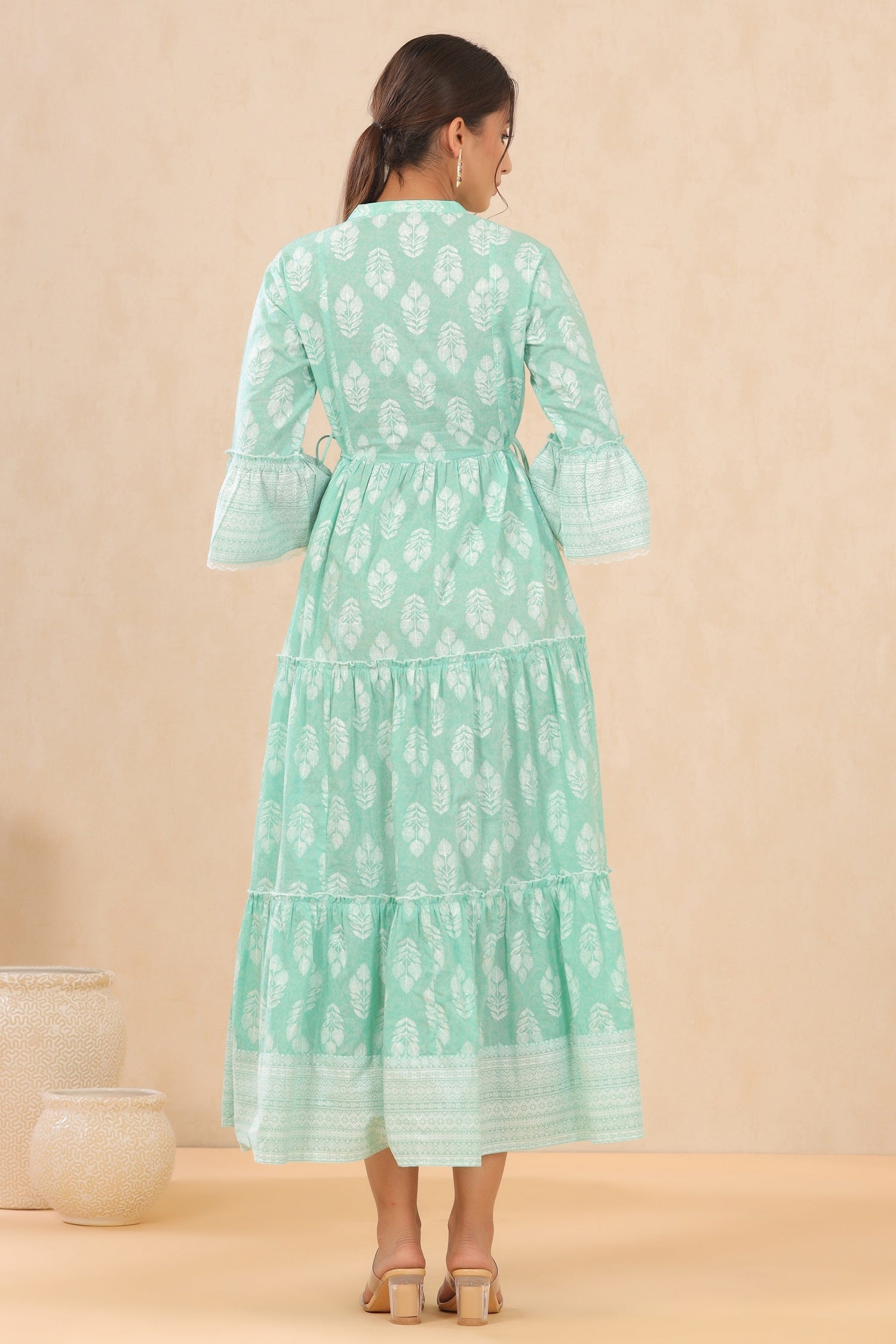 Juniper Womens Mint Cambric Printed Tiered Dress With Flared Sleeve | Grocsy